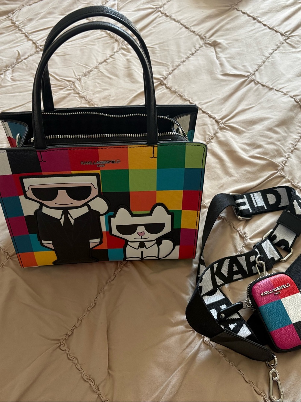 Karl Lagerfeld Multicolor Checkerboard Tote with Character Graphic